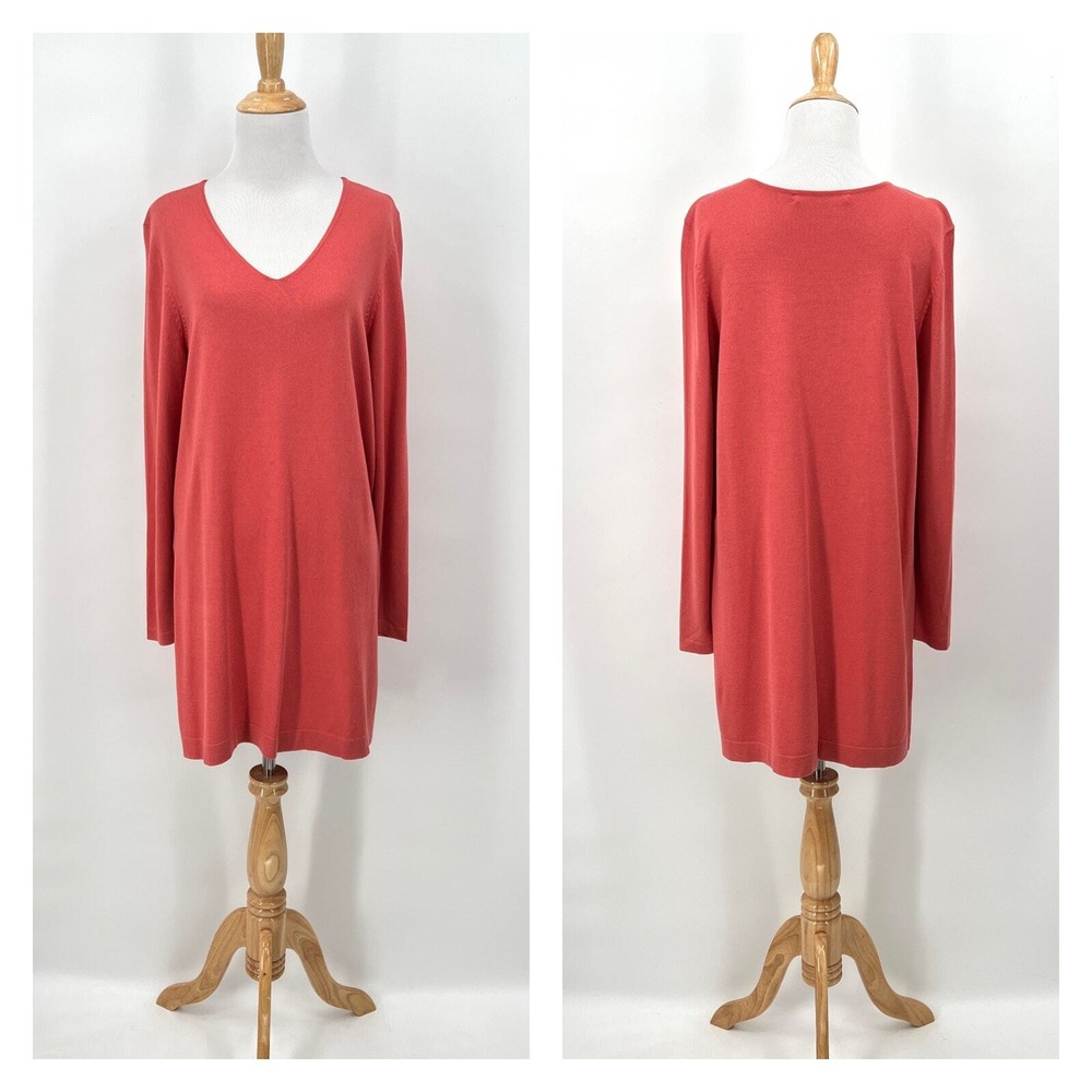 PERUVIAN CONNECTION Sweater Knit Tunic Women Medium Coral Pink Pima Cotton Vneck